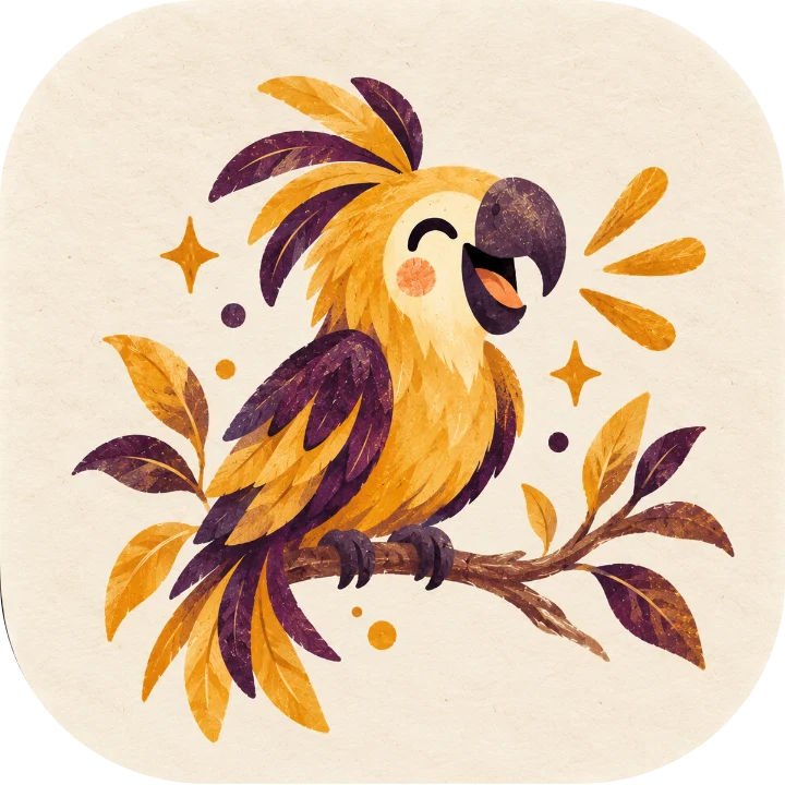 O ícone da app Ecoa: um papagaio dourado a rir, de asas roxas, num ramo com folhas.